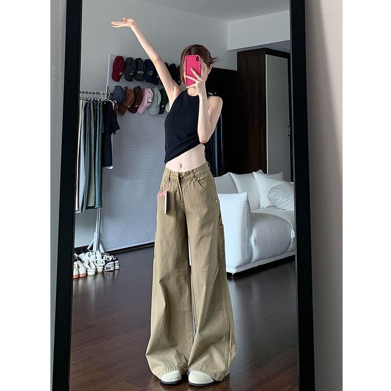 美式卡其色复古休闲工装牛仔裤女秋季高腰小个子宽松直筒阔腿长裤|undefined