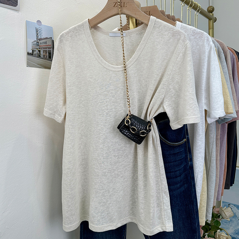 Slub Cotton Thin T-shirt Summer Lazy Casual Style U-collar Loose Micro-transparent Short-sleeved New All-match Breathable Top for Women