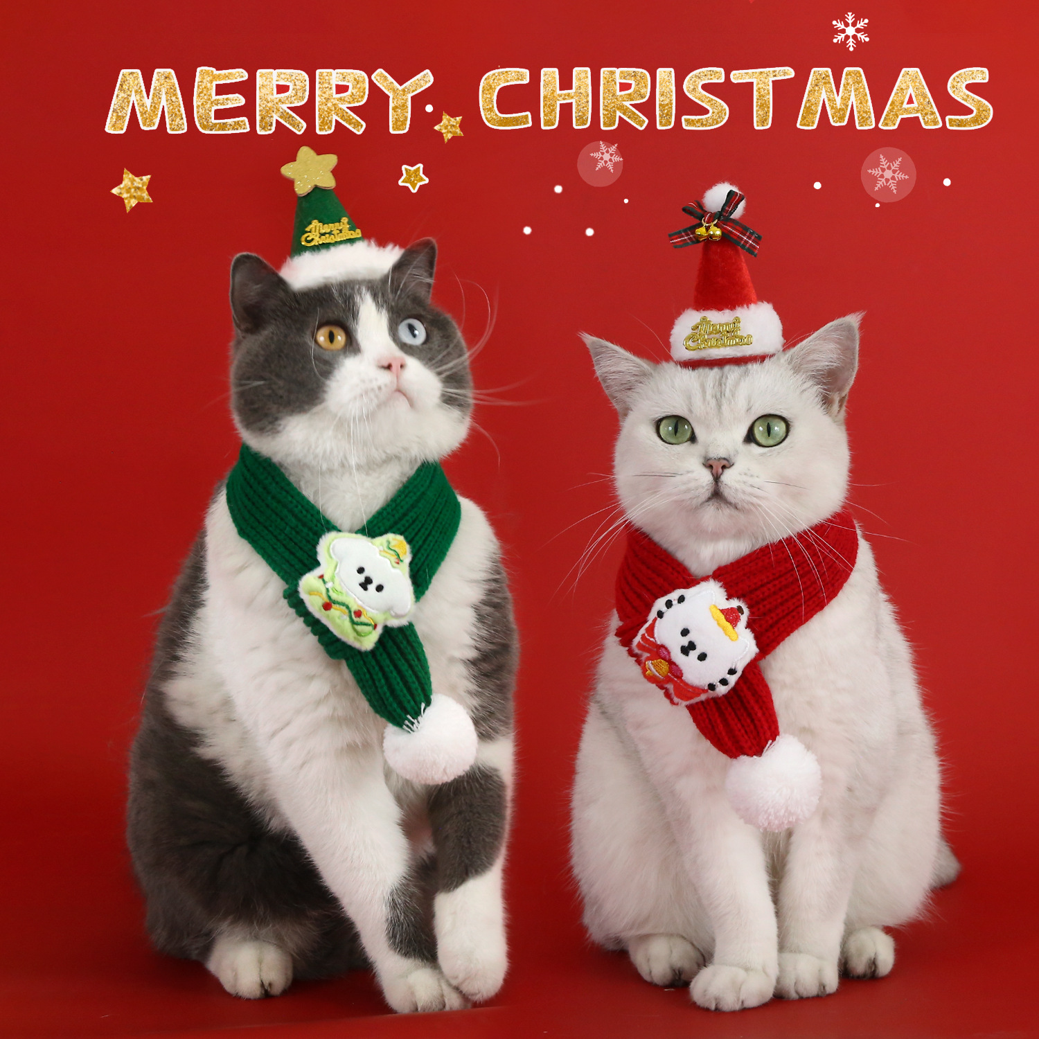 2024 bola de lana de mascota bufandas navideñas lana de punto rojo y verde dibujos animados para gatos y perros accesorios set de collares y sombreros image 1