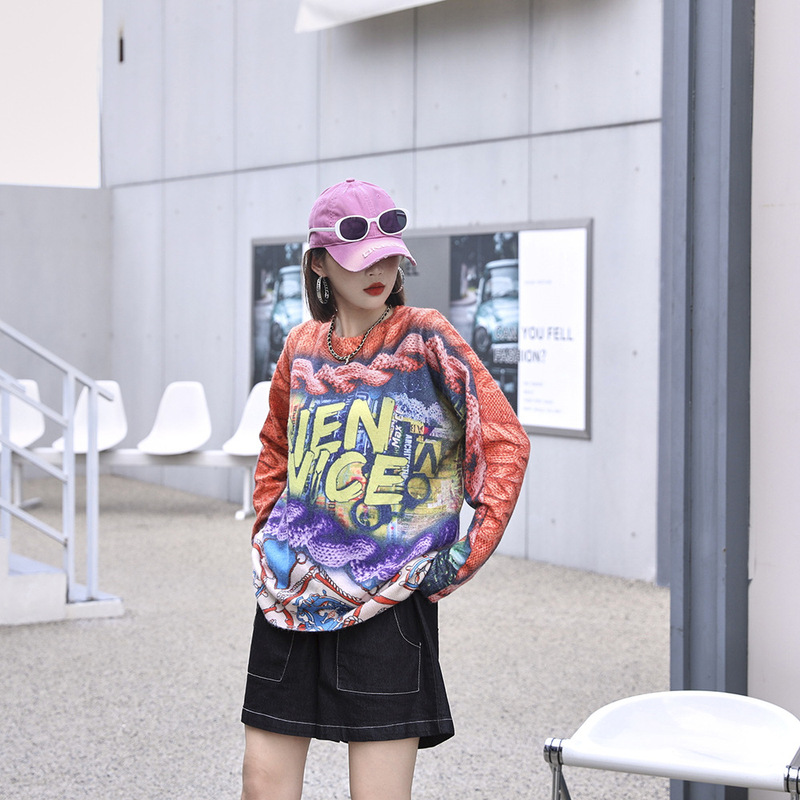 230852 European Fashion Brand Women's Autumn and Winter New Fashion Printed Loose Large Edition Western Style Knitwear Outer Wearing Sweater