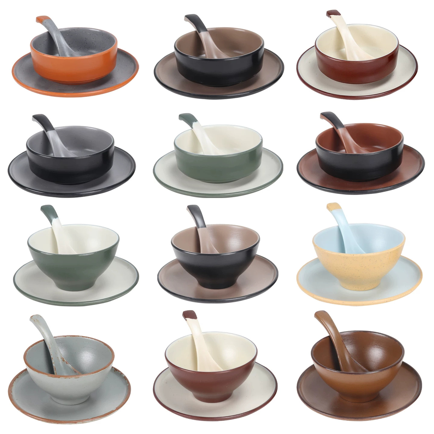 Two-tone, porcelain-look tableware set for hot pot restaurants, featuring a four-piece Japanese-style hotel table setting, creative design, and durable, drop-resistant bowls and chopsticks