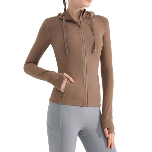 Nude brushed yoga clothing jacket for women running sports quick-drying breathable slimming tight hooded fitness clothing top