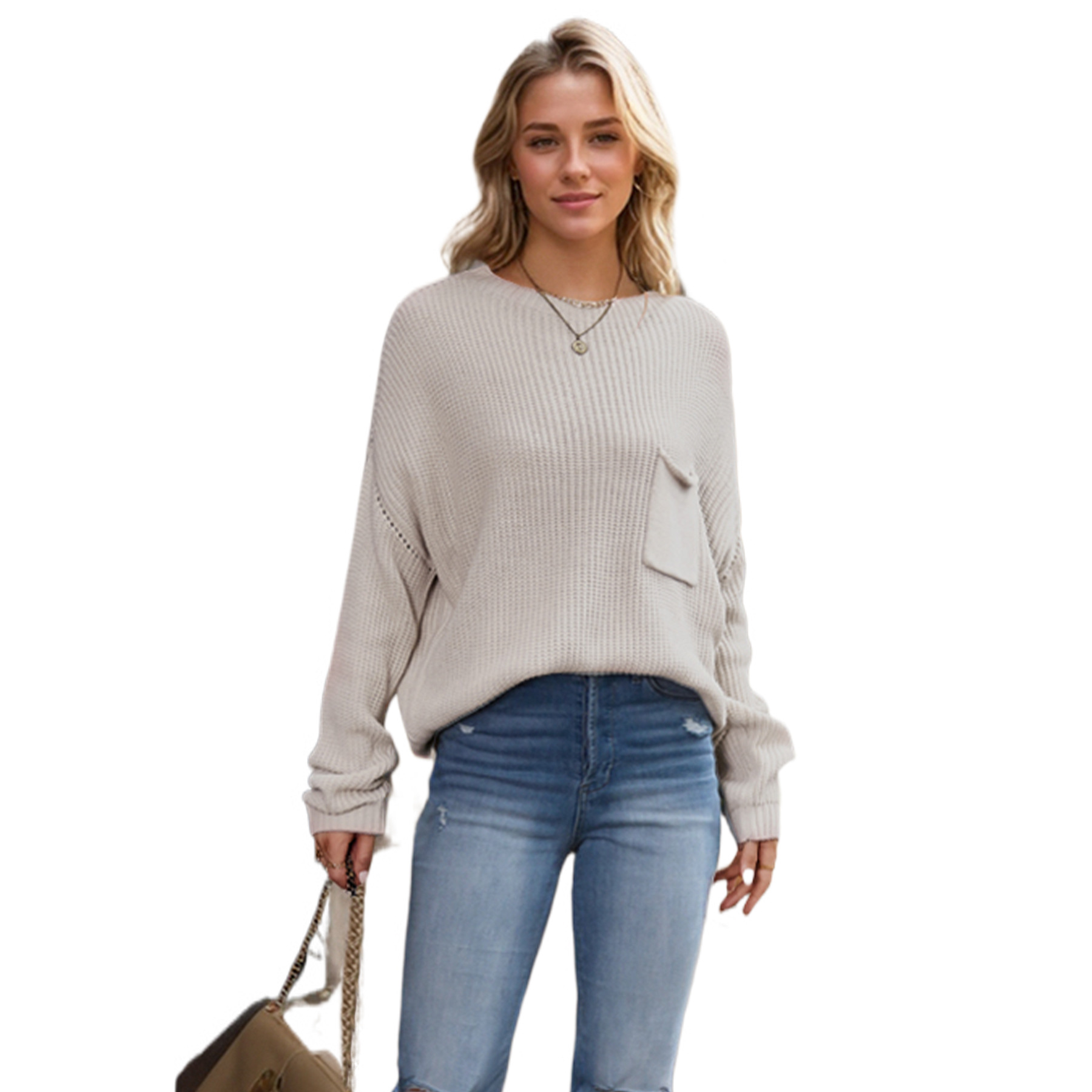 2023 invierno Amazon nuevo Batwing manga pequeño cuello alto suéter europeo y americano color sólido bolsillo suéter de las mujeres