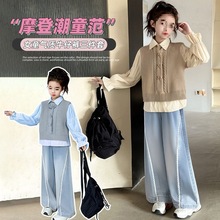 女童牛仔裤三件套春装春秋2025针织新款洋气马甲衬衫儿童套装