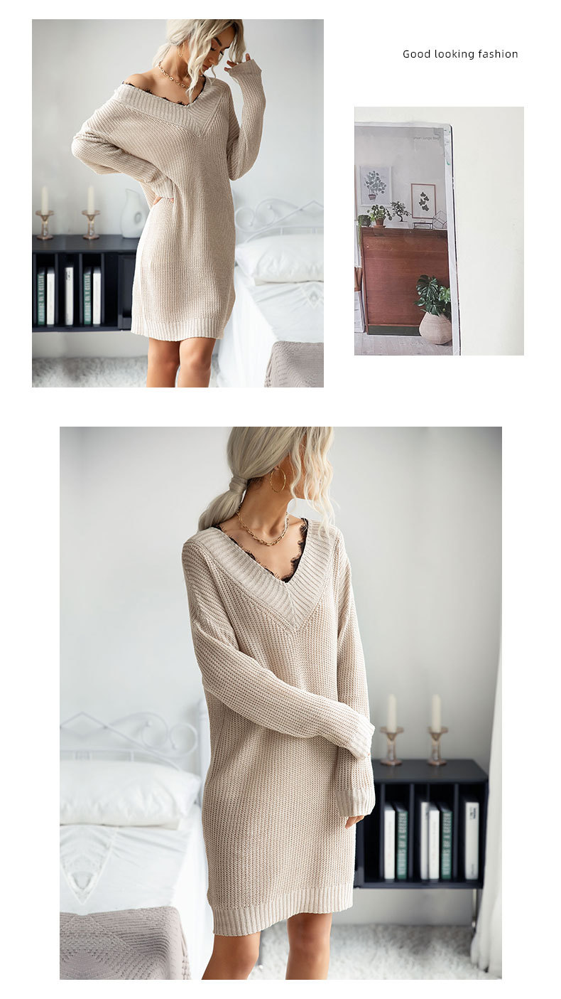 Lace Stitching V-Neck Long-Sleeved Loose Sweater Dress NSDMB95924