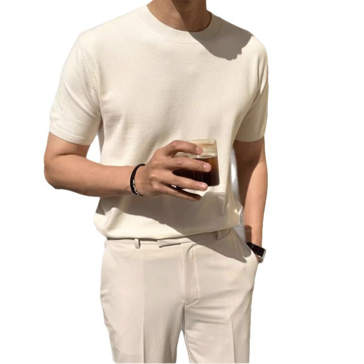 Verano nuevo camiseta de manga corta hombre de color sólido hielo cuello redondo delgado T-shirt de comercio exterior al por mayor transfronterizo