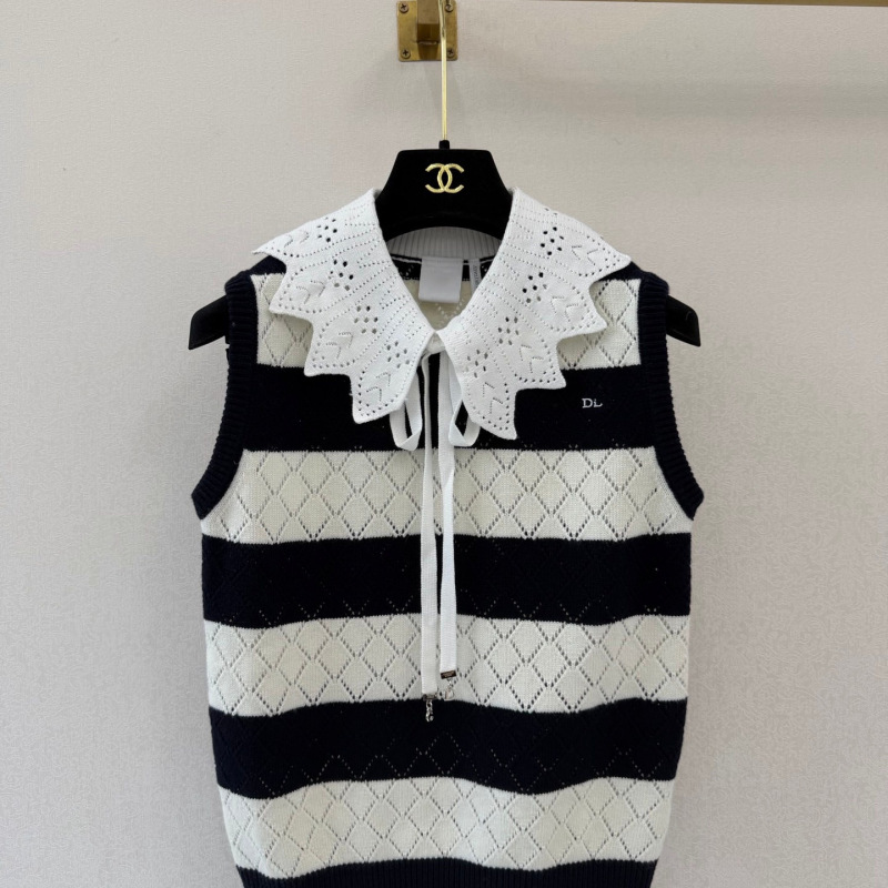 Shenzhen Nanyou High-Quality Version Cd Brand 26 Spring/Summer New Color-Block Striped Diamond Pattern Hollow Out Round Neck Knitted Vest