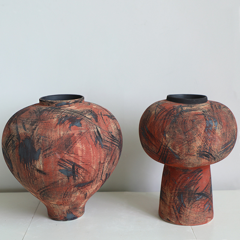 Oil Painting Dunhuang Style Silent Ceramic Vase Home Retro Ceramic Decoration Model Room Soft Dress Old Dried Flowers