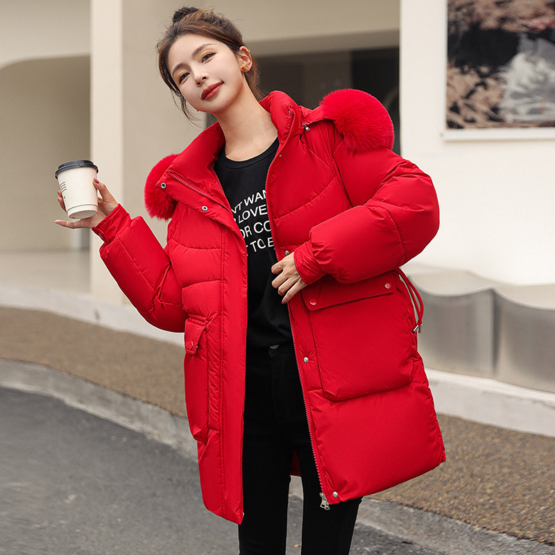 Women's Clothing New large size down jacket for women in winter loose large fur collar hooded thickened medium and long cotton coat for small size_voghion.com