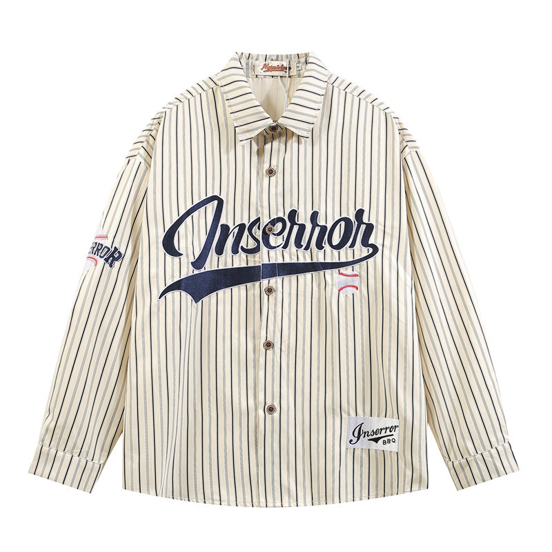 25 American Retro Embroidered Vertical Stripesd Long-Sleeved Shirt for Men in Autum Casual Design Couple Loose Contrasting Color Shirt 25 American Retro Embroidered Vertical Stripesd Long-Sleeved Shirt for Men in Autum Casual Design Couple Loose Contrasting Color Shirt