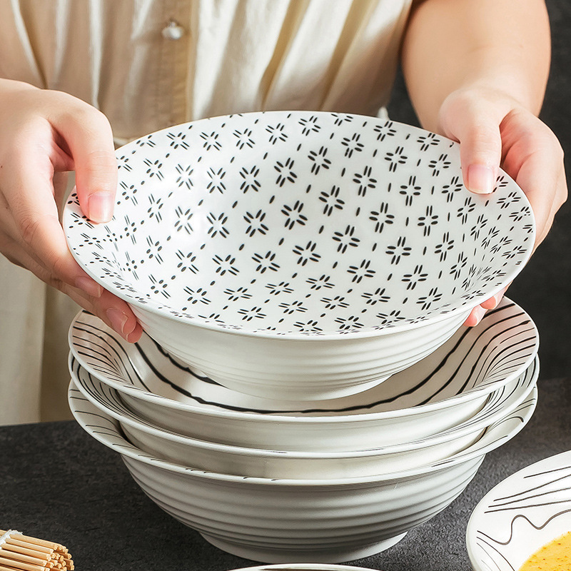 Ceramic Ramen Bowl for Home Use, Japanese-Style Striped Large Soup Bowl, Tableware Set, Ceramic Bowl with Underglaze Color, Conical Bowl, Rice Bowl Ceramic Ramen Bowl for Home Use, Japanese-Style Striped Large Soup Bowl, Tableware Set, Ceramic Bowl with Underglaze Color, Conical Bowl, Rice Bowl