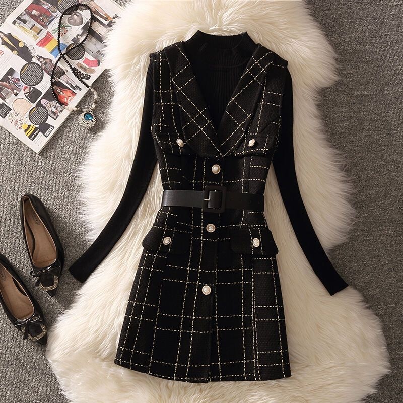 Brand New Stylish and Youthful Tweed Vest Dress Set with a Half-High Collar Knit Base Shirt Two-Piece Set
