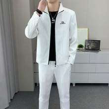 秋季新款男士翻领夹克两件套韩版潮流时尚帅气条纹休闲套装