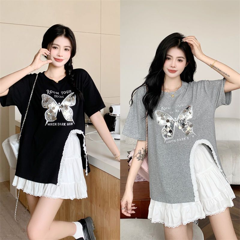 Plus Size Lace Stitching Butterfly Sequin Slit Short-Sleeved T-Shirt for Women Summer New Loose Slimming Look Fat mm Tops for Women