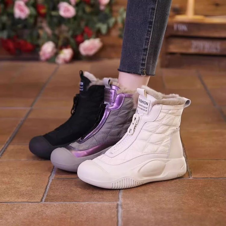 Botas de algodón de goma con cremallera forrada de lana de estilo coreano para madres de mediana edad y ancianas Otoño e invierno zapatos de mujer de moda casual de media punta redonda