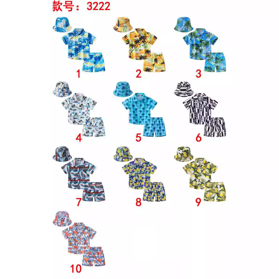 New boys and girls beach style short sleeve suit printing thin small and medium-sized children's hat casual Korean children's clothing wholesale