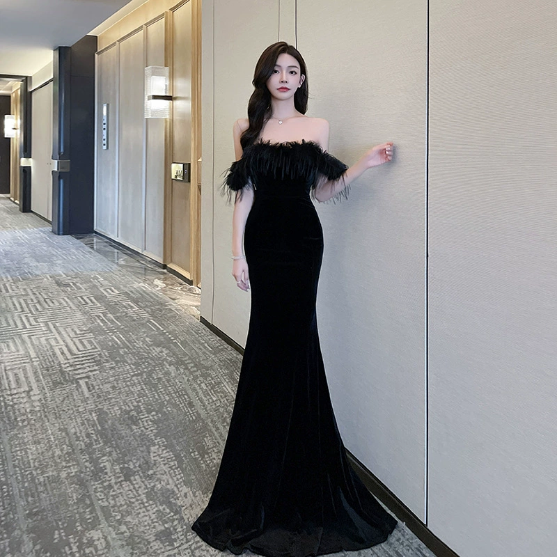 Tube Top Evening Dress, Backless Mermaid Gown, Hip-Accented Long Skirt, Black, S–XL