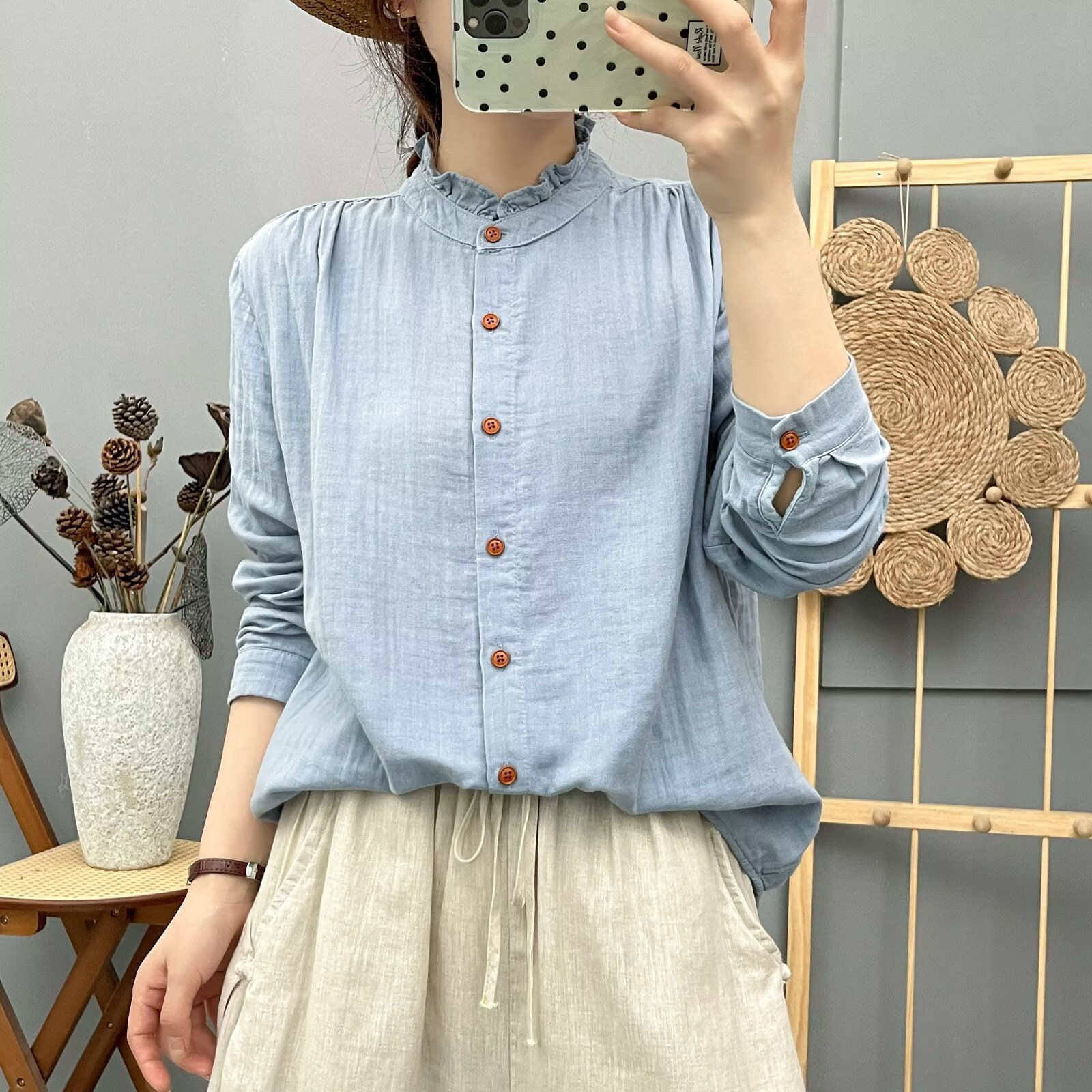Elegant Ruffled Collar Embroidered Patchwork Long-Sleeve Shirt for Women 2025 Autumn New Casual Slimming Top Cardigan
