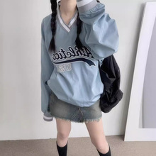 韩国春夏新品运动复古V领宽松休闲宽松字母宽松美式球衣卫衣