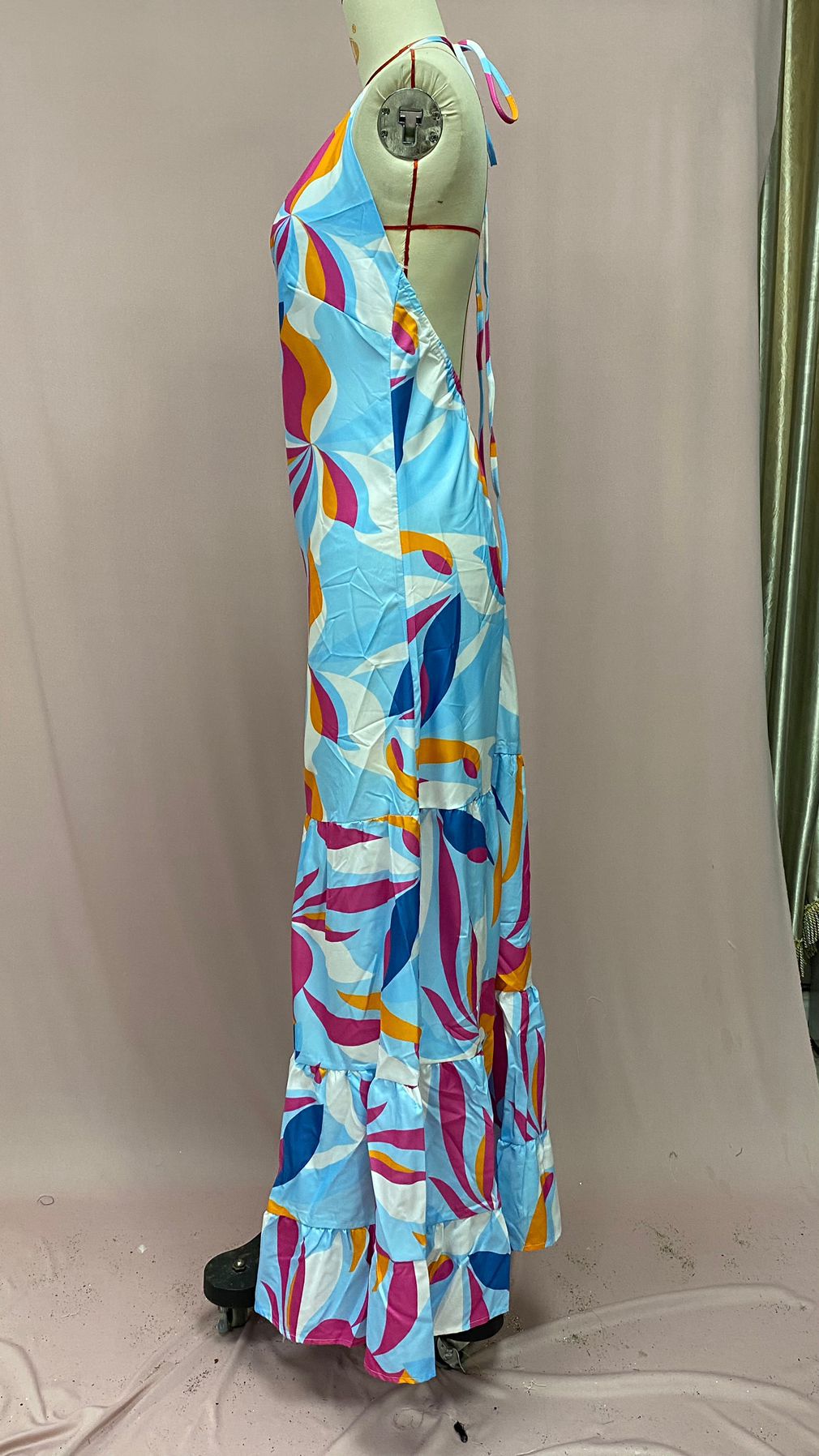 Summer Slimming Printed Dress Cinched Mid Length Dress Office Backless Slip Dress