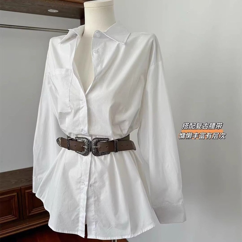 Zhao Lusi's Same Style White Asymmetrical Lapel Shirt Dress with Belt Sexy Design Long-Sleeved Shirt for Women