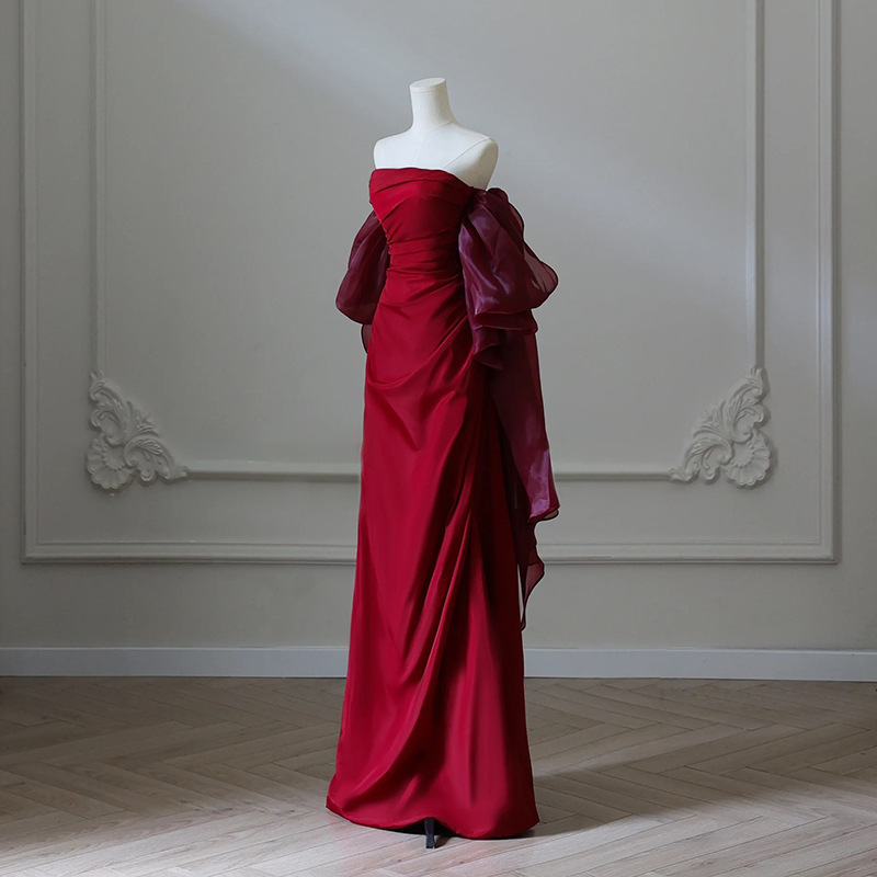Toast Dress Female Bride High-End One-Shoulder Wedding Elegant Homecoming Dress Red Engagement Tube Top Evening Dressing Gown Toast Dress Female Bride High-End One-Shoulder Wedding Elegant Homecoming Dress Red Engagement Tube Top Evening Dressing Gown