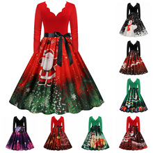 L圣诞节装扮服饰跨境女装欧美气质烧花V领长袖拼接印花复古大摆裙