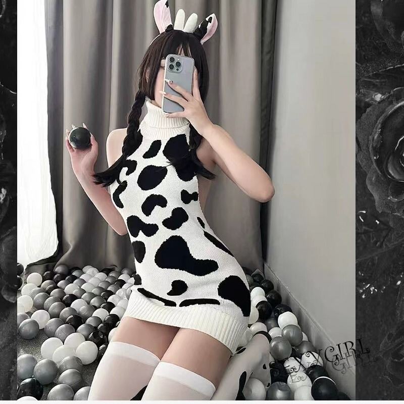 Factory Straight Hair Sexy Underwear Japanese Sexy Cow Sweater Uniform Temptation Printed High Collar Backless Knitted Sweater