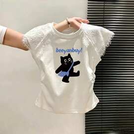 外贸批发蕾丝中大童设计拼接纯棉短袖T恤女童夏季儿童短款上衣ins