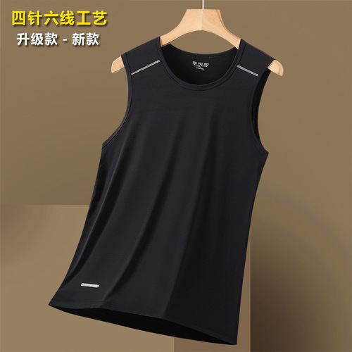 Summer Quick-Drying Breathable Lightweight Sleeveless Sweat- Absorbing Training Fitness Top for Men with Print Elastic Large Size Round Neck Ice Silk Backless Tee