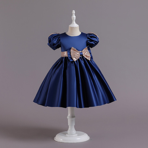 New Women's Children's Dress European and American Bestselling Bubble Sleeve Butterfly Knot Satin Princess Dress Cross-border Exclusive Wholesale