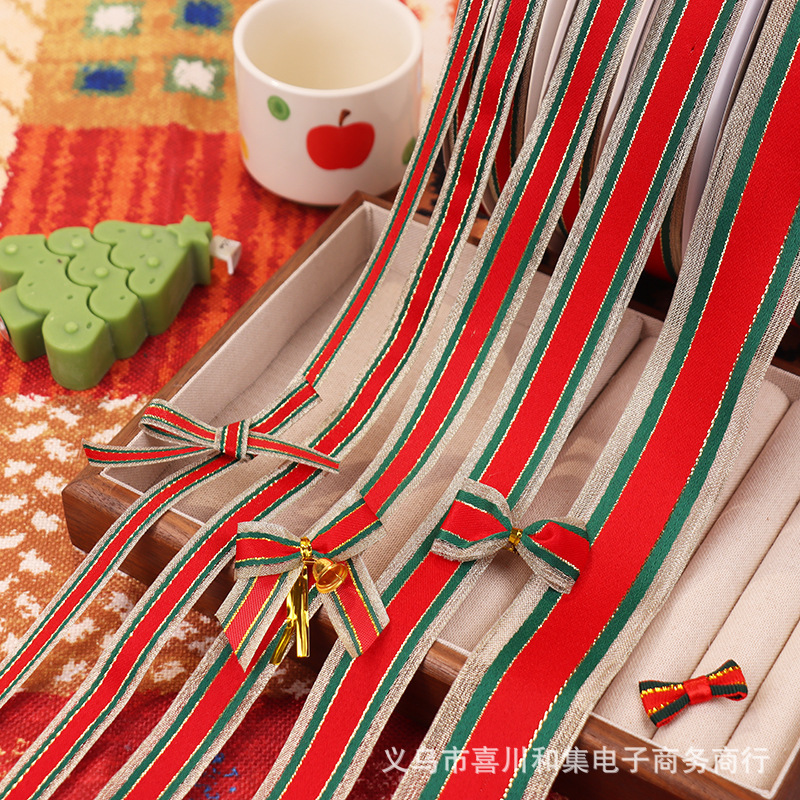 クロスボーダー赤と緑のストライプクリスマススプライシングリボン diy ホリデーデコレーションギフト包装ゴールドワイヤー 3 色クリスマスリボン|undefined