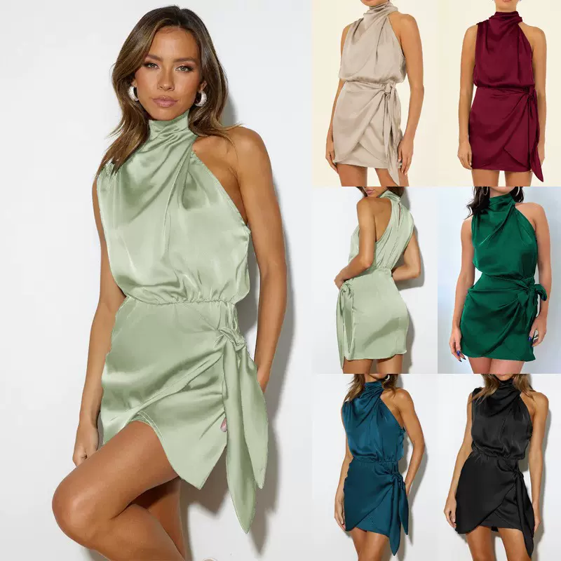 欧美时尚新款挂脖高级感缎面绑带修身名媛风连衣裙气质晚礼服批发