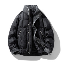 潮男式冬季时尚拼接牛仔假两件羽绒服青少年帅气工装白鸭绒外套