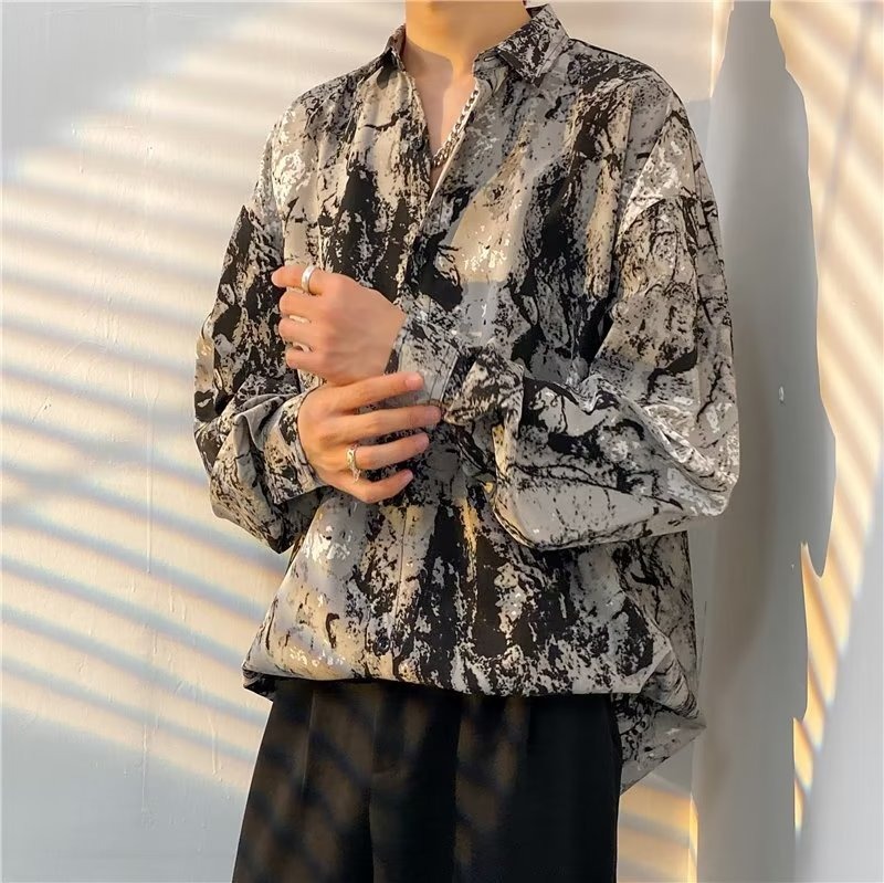 One-piece dropshipping cross-border ink splatter tie-dye long-sleeved shirt for men, casual and stylish, with a relaxed fit and a unique design.