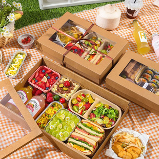 Outdoor Internet Celebrity Picnic Box Kraft Paper Disposable Lunch Box Fruit Lunch Box Picnic Barbecue Box Packaging Box