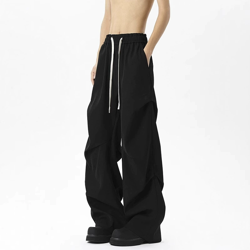 2025 черные складчатые брюки мужские средние талии прямые ножки, широкие ноги, эластические талии, американские высокие уличные штаны с мачете