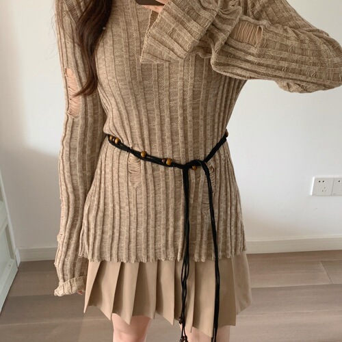 Bohemian-style round bead braided knot ethnic handmade wood beads women's waistband casual vacation style beautiful waist cord