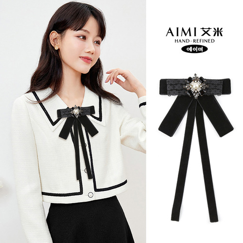 Black bow tie women's blouse, sweater top for autumn and winter, collar accessory, college style, high-end pin decoration