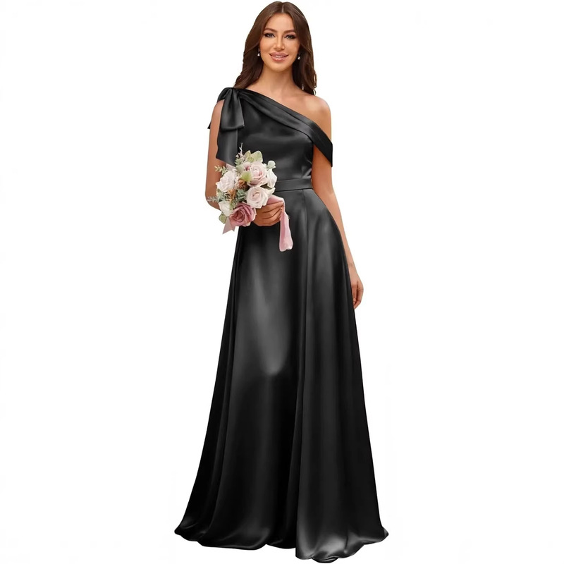 European and American Cross-Border Single-Shoulder Bridesmaid Dress Satin Formal Gown 2026 New Style Pleated Evening Dress with Bow