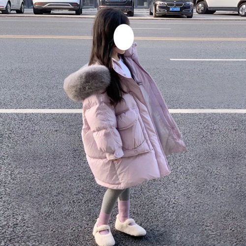Feminine and stylish faux fur hooded down cotton coat for children, 2024 new thick warm outerwear