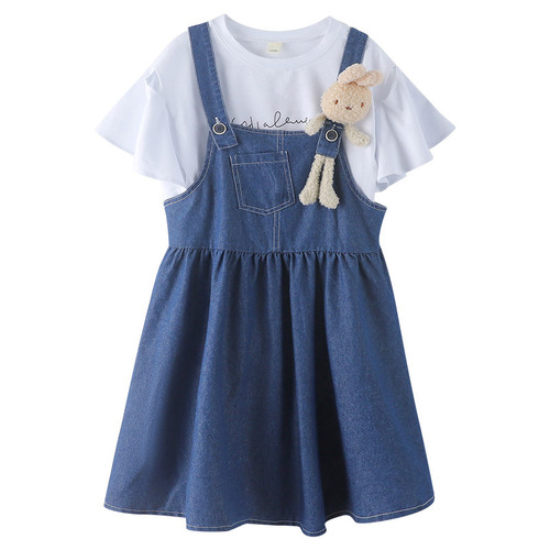 Ladie's Summer Belted Dress Set 2024 New Trendy Medium and Large Children's Korean Style Denim Dress Children's Skirt