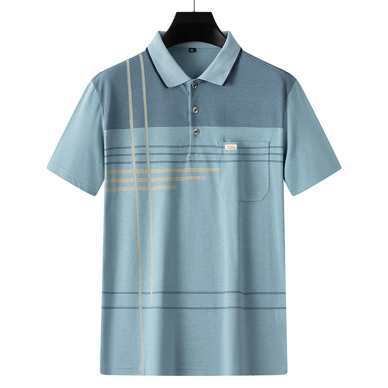 De mediana edad impreso Polo camisa de manga corta de los hombres de solapa papá verano camiseta a rayas de algodón mercerizado camiseta ropa de los hombres al por mayor