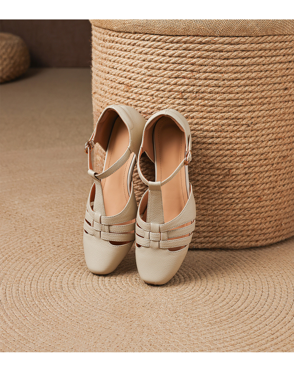 Sandal nữ da cừu dệt bao đầu mũi vuông gót dày 3.5cm quai ngang kiểu La Mã — màu trắng ngà chi tiết 16