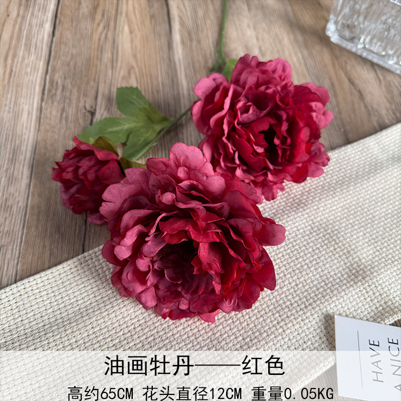 Flores artificiales de peonía de 3 cabezas, estilo Luoyang, pintura al óleo, flores falsas para decoración de bodas, salones, hogares y hoteles.