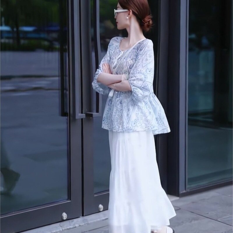 2026 Blue and White Porcelain Lace-Up Tassel Floral Outfit Women's Italian-Style Shirt White Bamboo Skirt Set Xiangyun Silk 2026 Blue and White Porcelain Lace-Up Tassel Floral Outfit Women's Italian-Style Shirt White Bamboo Skirt Set Xiangyun Silk