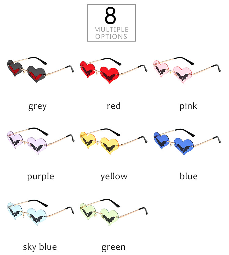 36g Weight Frameless Glasses Structure Sunglasses Classification PC, UV400 Protection Lens Material Special-Shaped Mirror Glasses Style Daily, Street Occasion Halloween Festival Heart Shape, Bat Pattern Unisex Gender Streetwear Style Black Color Streetwear Heart Shape Bat PC UV400 Protection Special-Shaped Mirror Frameless Women's Sunglasses 5