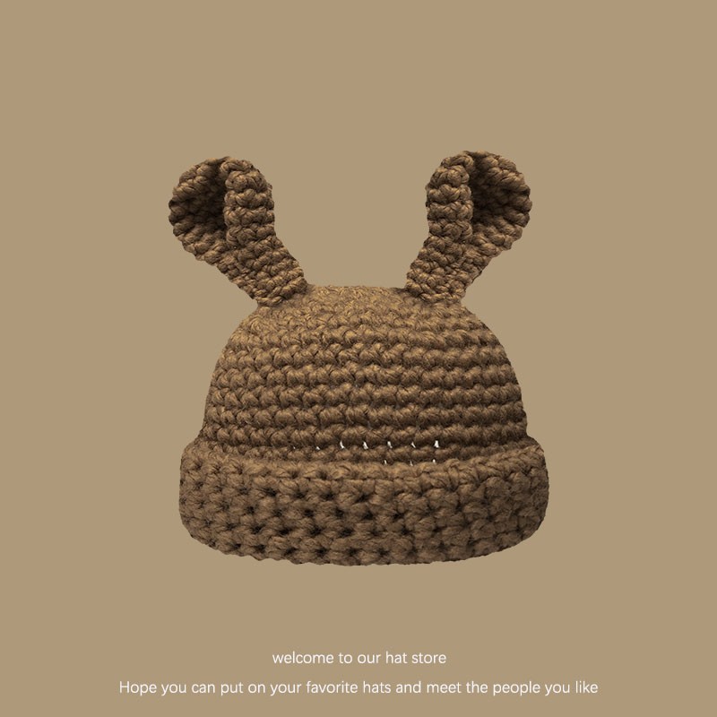 New Korean Handmade Thick Needle Cute Girl Sweet and Cute Rabbit Ear Knitted Hat for Women in Autumn and Winter Versatile Warm Knitted Hat_voghion.com