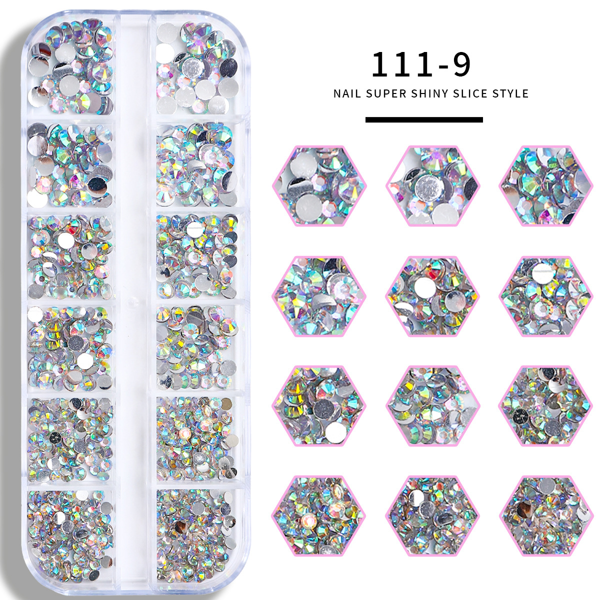 Set de joyas de uñas 12 barras de joyas taladro de uñas largo taladro de fondo plano mezclado taladro de forma especial superbrillante accesorios de uñas