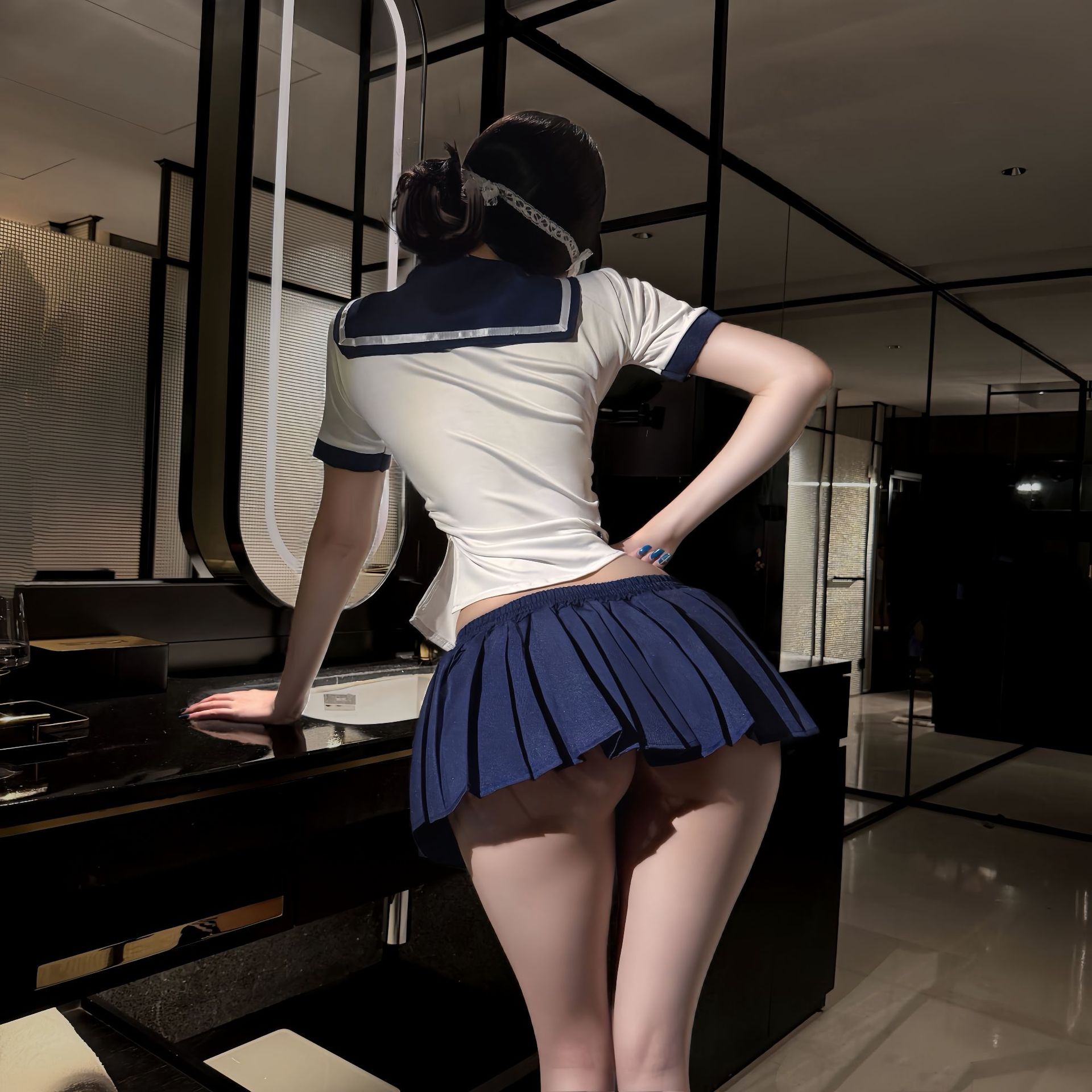 JK Uniform Maid Costume Set with Sailor Top, Short Skirt, Blindfold and Student Socks — detail image 5